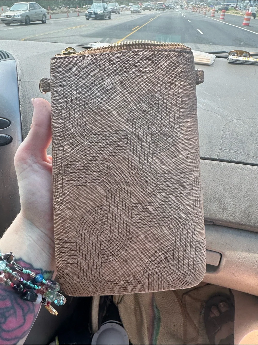 24/7 Tan Embossed Crossbody Phone Pouch with Gold Accents
